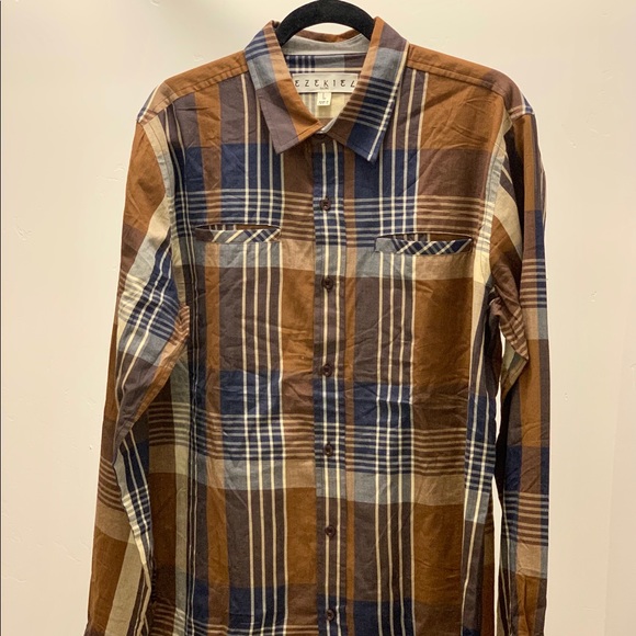 Larger ezekiel button up brown and blue plaid - Picture 2 of 6